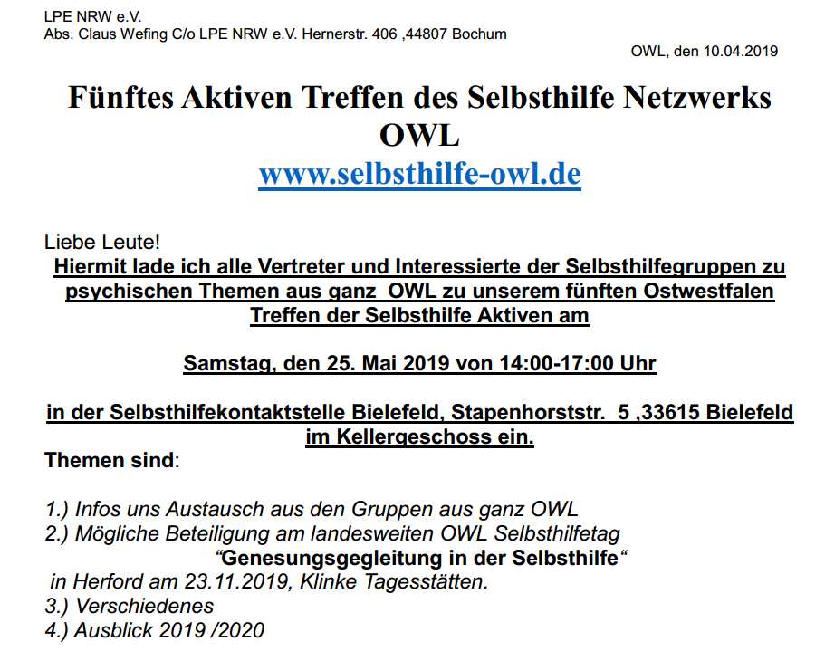 Einladung vom LPE-NRW 25. Mai 2019